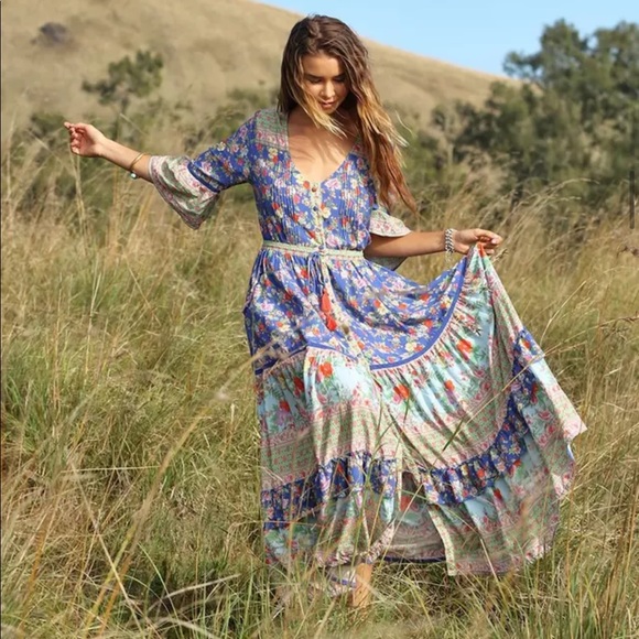 Blue V Neck Boho Floral Gypsy Print Maxi Dress - Picture 2 of 16